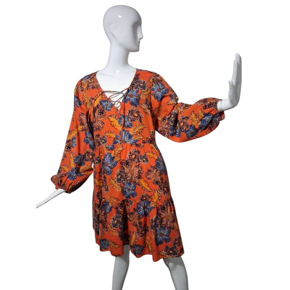 Old Navy Tie-Neck Tiered Floral Womens size XL Peasant Fall Autumn Swing Dress - Picture 1 of 12